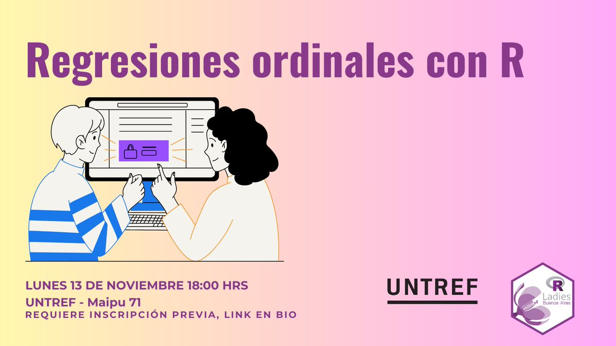 ¿Cómo podemos hacer regresiones con variables ordinales? <a href="/magalimrtnz/">Magalí Martínez</a> te lo cuenta en nuestro próximo meetup presencial con el apoyo de <a href="/UNTREF/">UNTREF</a> ¡No te lo pierdas! #RstatsES 

📅13/11 - 18:00hs
🧑‍💻Modalidad Presencial
🏛️UNTREF - Maipu 71 - Aula a confirmar

meetup.com/es/rladies-bue…