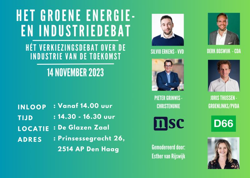 Welkom bij dit Groene Energie- en Industriedebat! Met sterke deelnemers: <a href="/SilvioErkens/">Silvio Erkens</a> <a href="/DerkBoswijk/">Derk Boswijk</a> <a href="/PieterGrinwis/">Pieter Grinwis</a> &amp; <a href="/Joris_PvdA/">Joris Thijssen</a>. We hopen nog op deelname van D66 en NSC. Onze moderator is <a href="/EsthervRijswijk/">Esther van Rijswijk</a> 
lnkd.in/ey7R7MRB
