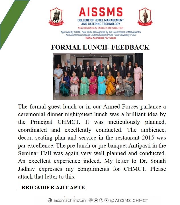 AISSMS_CHMCT's tweet photo. Our heart swells with pride sharing these encouraging words of appreciation received by our guests of honour from the 1971 war veterans ceremonial formal lunch at AISSMS College Of Hotel Management and Catering Technology

#AISSMS #CHMCT #FORMALLUNCH #VETERANS #REVIEW https://t.co/ItQix8aYd0