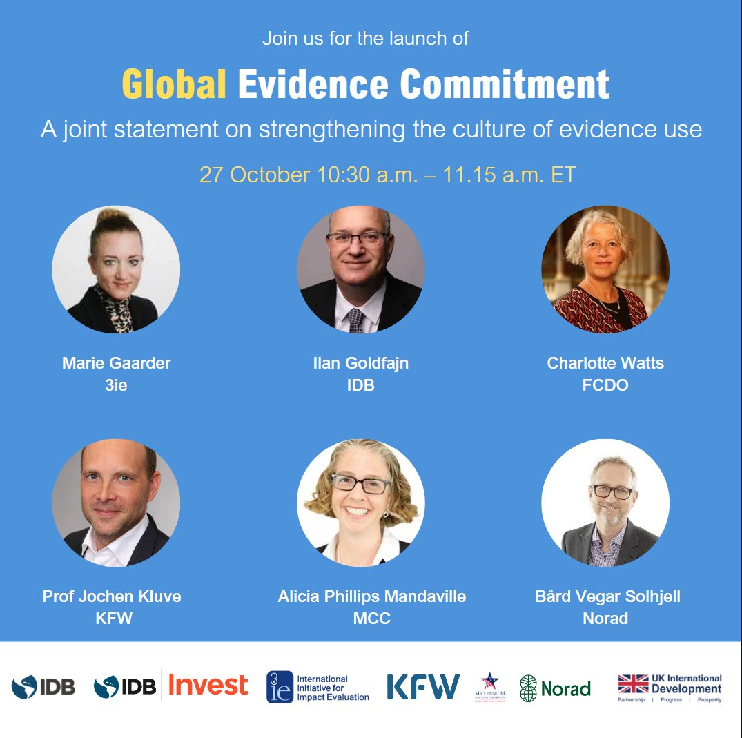 3ieNews's tweet photo. Along with our partners @BIDInvest, @FCDOGovUK, @KfW_FZ_int, @MCCgov &amp; @noradno, we are happy to announce the launch of #Global #Evidence Commitment joint declaration at the @the_IDB #IDBKnowledgeWeek. Join us tomorrow! 

Register now: https://t.co/I5lvB8YaOj https://t.co/xmUNPQCFCO