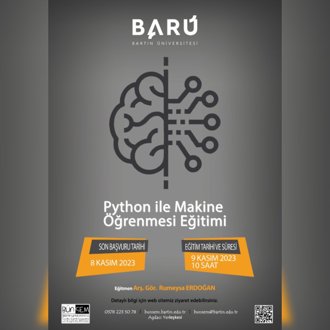 Pythonda makine öğrenmesi algoritmalarının ve kodlamasının öğretileceği Python ile Makine Öğrenmesi Eğitimine kayıtlar başlamıştır. Ayrıntılı bilgi ve iletişim için:
📞 :Telefon: 0378 222 50 78
📱: E-posta: bunsem@bartin.edu.tr
💻: Online Başvuru: bunsem.bartin.edu.tr