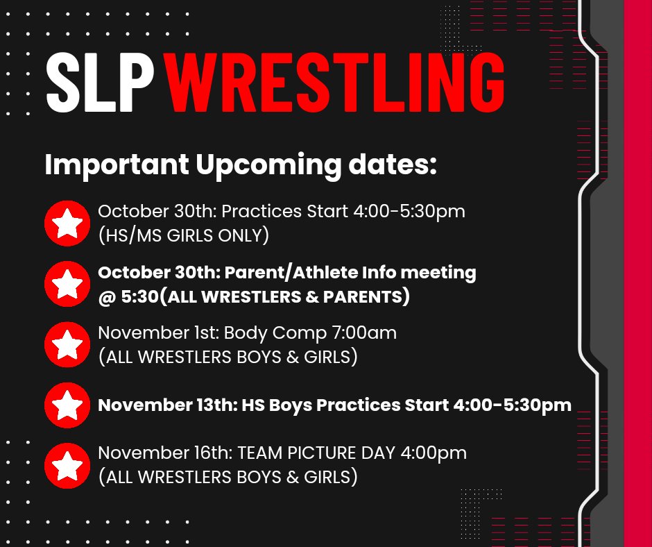Some Important dates coming up. Please note one major change: Parents meeting will be for ALL ATHLETES &amp; PARENTS!