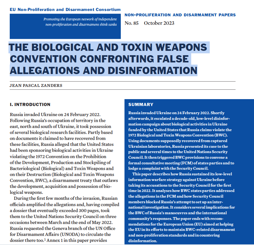 #BiologicalWeapons #Disinformation #UkraineRussiaWar Pleased to announce that my paper for @EU_NonProlif on The Biological And Toxin Weapons Convention Confronting False Allegations And Disinformation has just been published. nonproliferation.eu/wp-content/upl…