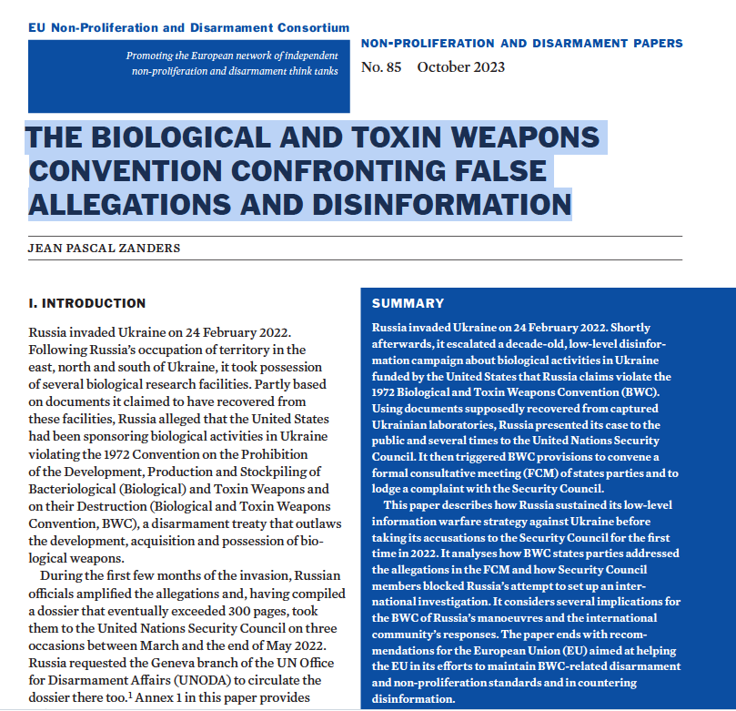 JPZanders's tweet photo. #BiologicalWeapons #Disinformation #UkraineRussiaWar
Pleased to announce that my paper for @EU_NonProlif  on

The Biological And Toxin Weapons Convention Confronting False Allegations And Disinformation

has just been published.

https://t.co/iaZyYEuv3p https://t.co/FXvKvK6lEQ