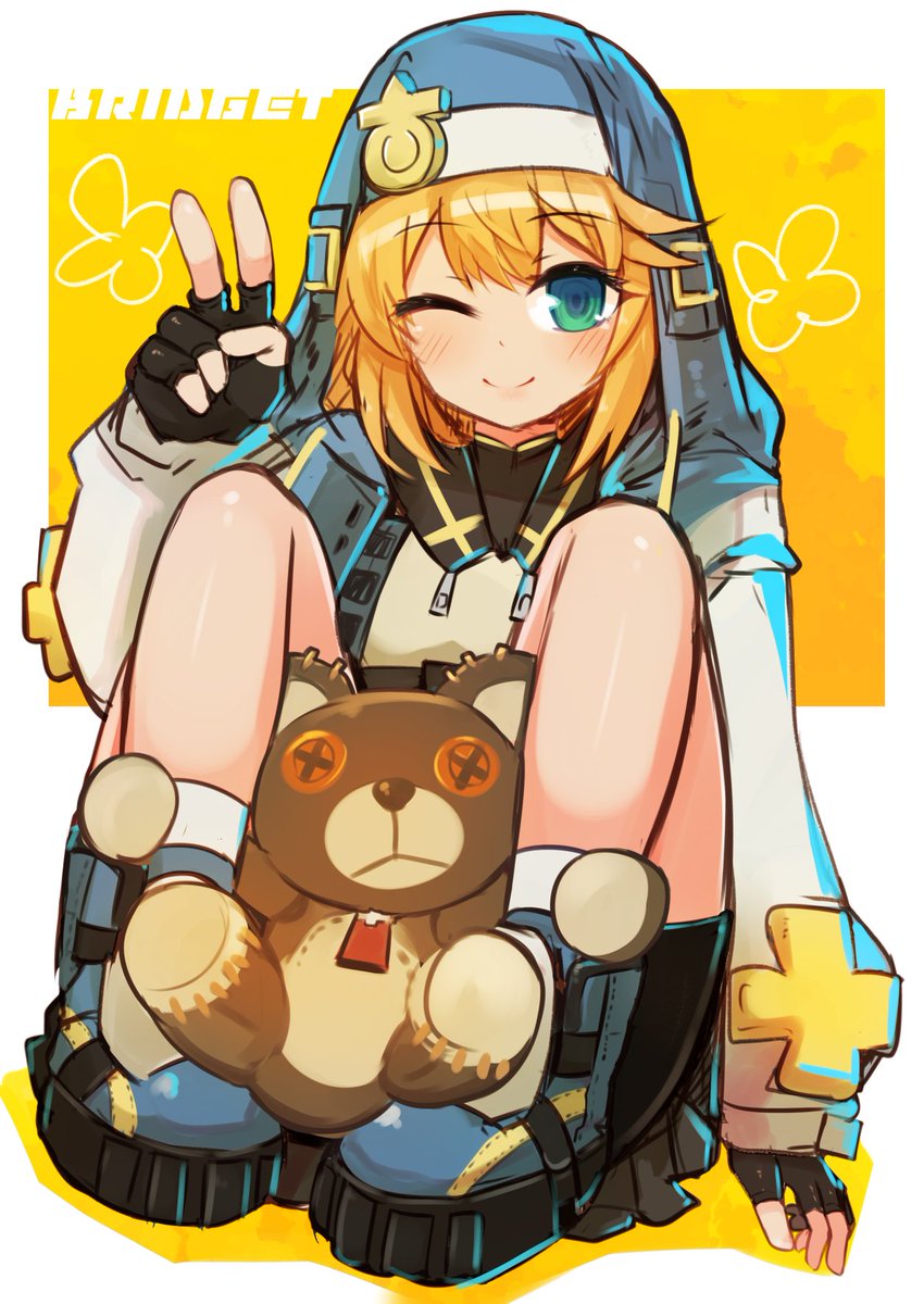 bridget (guilty gear) one eye closed 1boy male focus gloves blonde hair fingerless gloves otoko no ko  illustration images