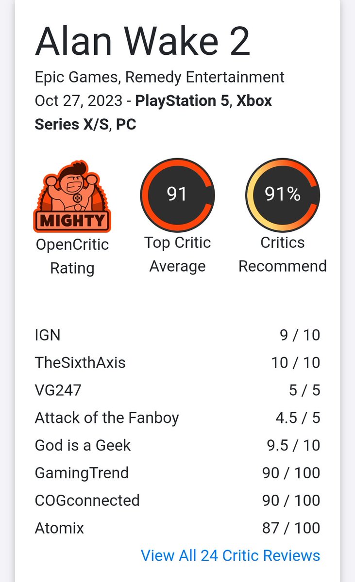 It's an incredible honor to be able to say that I worked as a dialogue designer on #AlanWake2 - and that I've started as a Dialogue Designer at Remedy! Never in my life did I think I'd see review scores like this on something I've worked on - it's been an amazing ride.