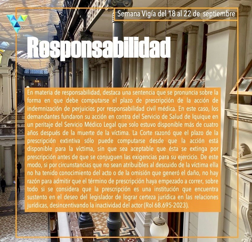 ProyectoVigia's tweet photo. Fin Semana Vigía! 🚨

La Corte se pronuncia sobre cómo debe computarse el plazo de prescripción de la acción de indemnización de perjuicios por responsabilidad civil médica. (Rol 68.695-2023). https://t.co/doEuF9bEiK