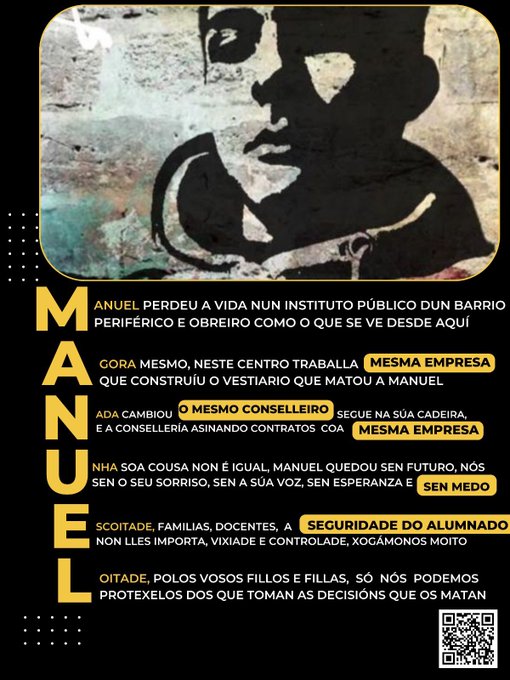 mariamiguelez's tweet photo. Hai un ano a esta mesma hora Manuel morría no seu Instituto, ao que tiña que asistir obrigatoriamente, esmagado por un muro construído pola empresa que hoxe en día realiza as obras de ampliación no IES Xesús Ferro Couselo. https://t.co/0dfq0agQYW https://t.co/ZLcrtLRzDO