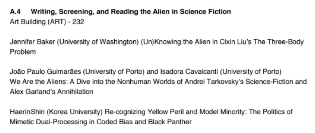 Presenting at #slsa2023 #alien2023 today at Arizona State University --- a paper I co-wrote w/my student Isadora Cavalcanti about Tarkovsky/Garland. Last time I presented at the Society for Literature, Science and the Arts (my favorite conference) was in 2019.
