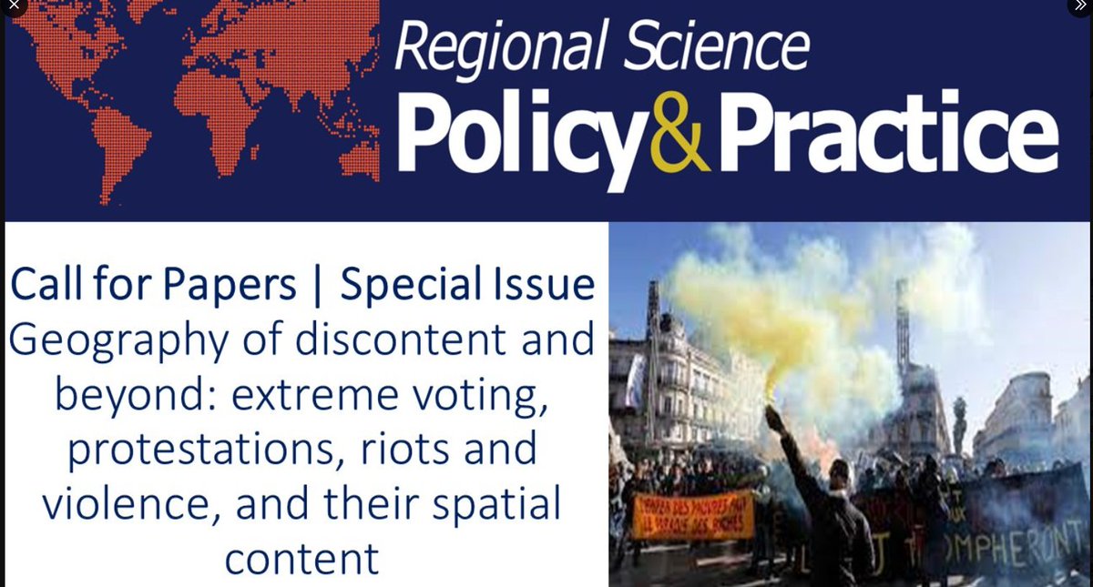 📢 Call for Papers!!!
For a special issue of Regional Science Policy & Practice on the socio-spatial aspects of extreme voting behaviors, protest movements, and their regional impact
Submit your ABSTRACT!!! by 1st December 2023 
More info on submission ⬇️
urlz.fr/obWs