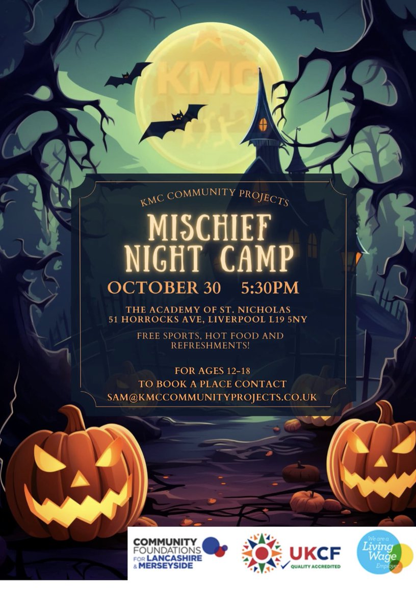 KMC community Projects are hosting Mischief Night Activities Mon 30th 5.30-8pm @AcademyStNics ages 12-18. Sports, Music, Hot Curry.🎃⚽️ 🍛