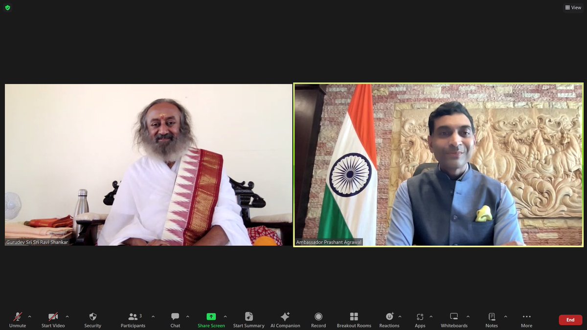 An inspiring conversation with #Gurudev <a href="/SriSri/">Gurudev</a> Ravishankar ji today. Gurudev and Ambassador Prashant Agrawal discussed collaboration on Yoga and Ayurveda in Lao P.D.R. as also valuable work being done by Art Of Living Laos <a href="/aol_laos/">Art Of Living Laos</a> <a href="/ArtofLiving/">The Art of Living</a>  <a href="/moayush/">Ministry of Ayush</a>  <a href="/IndianEmbLaos/">India in Laos</a>