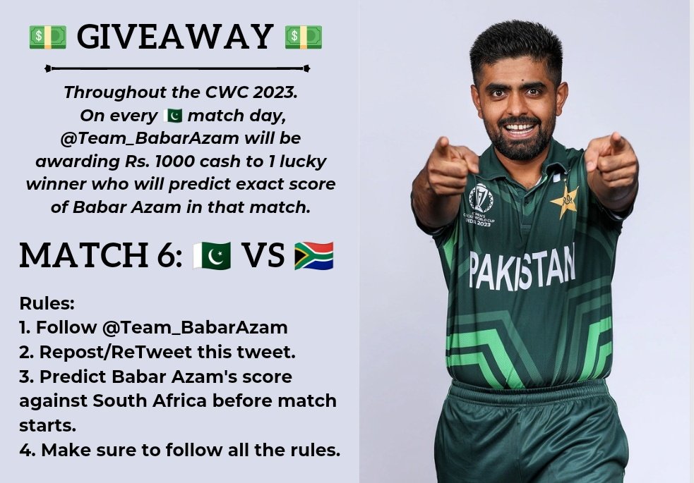 #Mission23 = It's not over until it's over

Predict Babar's EXACT score vs 🇿🇦 & get a chance to win 𝗥𝘀.𝟭𝟬𝟬𝟬 💵

Rules
1. Follow @Team_BabarAzam
2. Repost this tweet
3. Predict  before the match begins (1:30 PM)
4. Make sure to follow all the rules

#BabarAzam | #BabarAzam𓃵