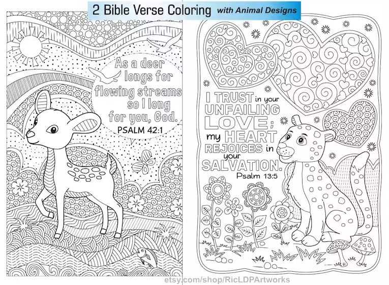 Two Bible Coloring Pages  t.ly/7KZ1E #etsyshop #etsysale #BibleColoring #deer #leopard #scripture #inspirational