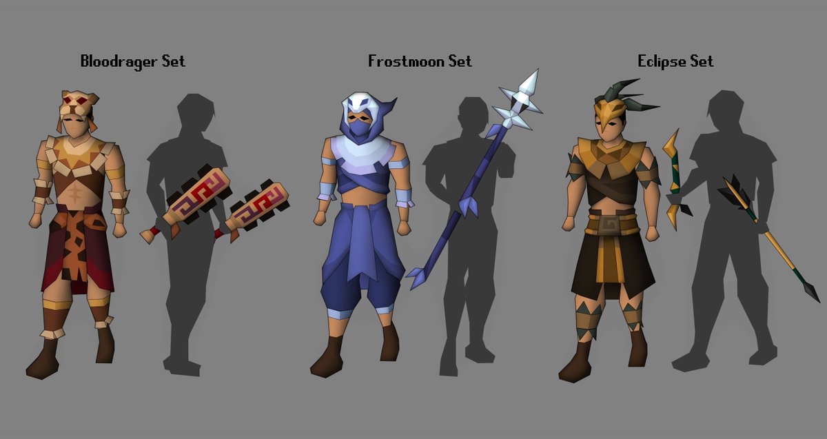Finally time to show some Varlamore stuff!! 🙌 These are the proposed player armour rewards for the Perilous Moons dungeon 🌚 The details &amp; stats of these can be found in the blog, but in terms of design/aesthetics let me know what you think as it's my first kit concept! 👀