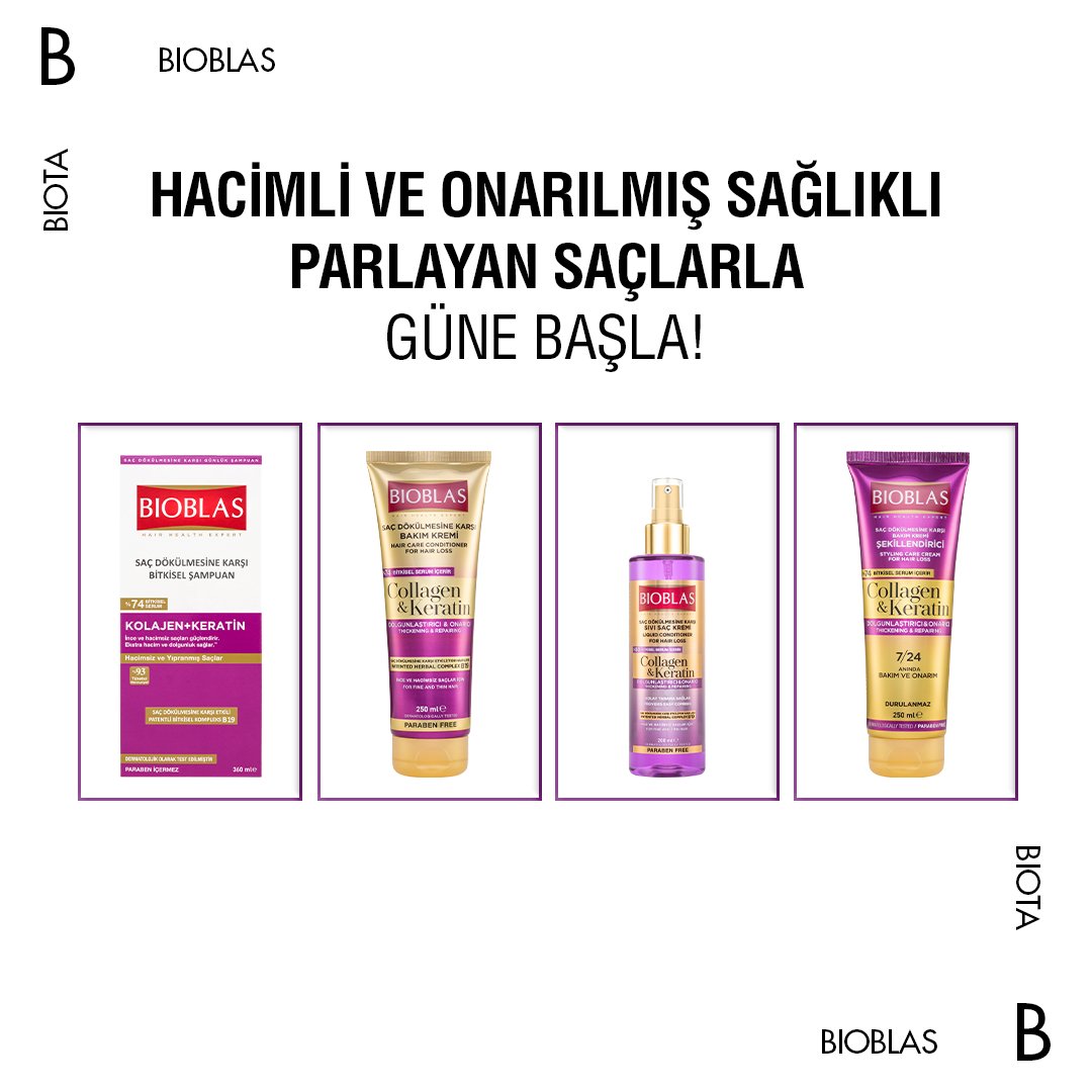 Göz alıcı saçlar ile güne başlamak için Bioblas Kolajen ve Keratin Serisi senin yanında ! Şampuan, Saç Bakım Kremi, Sıvı Saç Kremi ve Şekillendirici Krem ile 4 adımda hacimli ve parlak saçlar. 

#bioblas #kolajen #keratin #saçdökülmesi #hacim #onarım