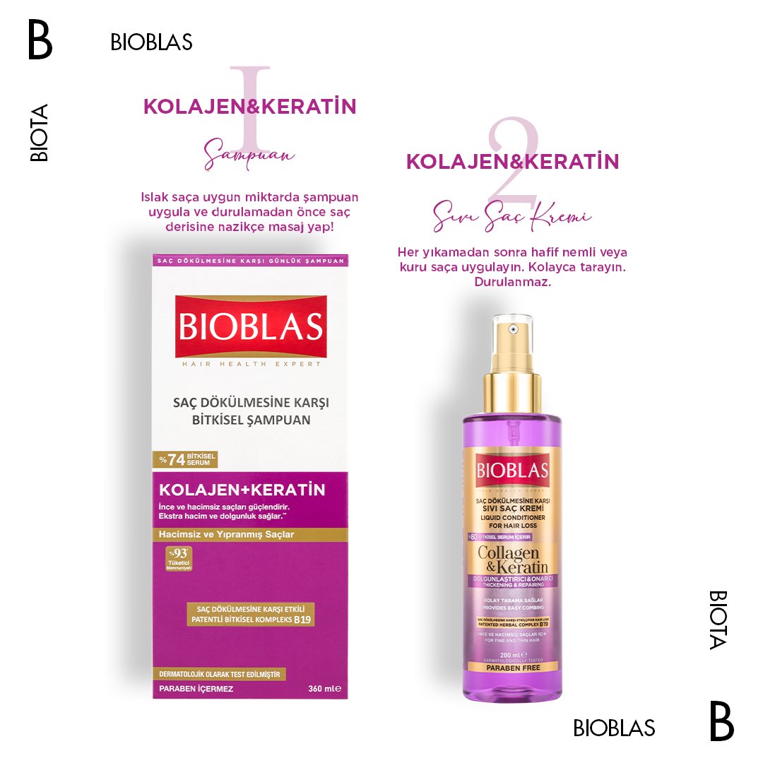 Kolajen keratin içeren Bioblas Saç Dökülmesine Karşı Bitkisel Şampuan ile saçlarını yıkadıktan sonra; Bioblas Saç Dökülmesine Karşı Sıvı Saç Kremini uygula. Saçlarını kolaylıkla tara. Hacimli, güçlü ve sağlıklı saçların ile güne hazırsın.
