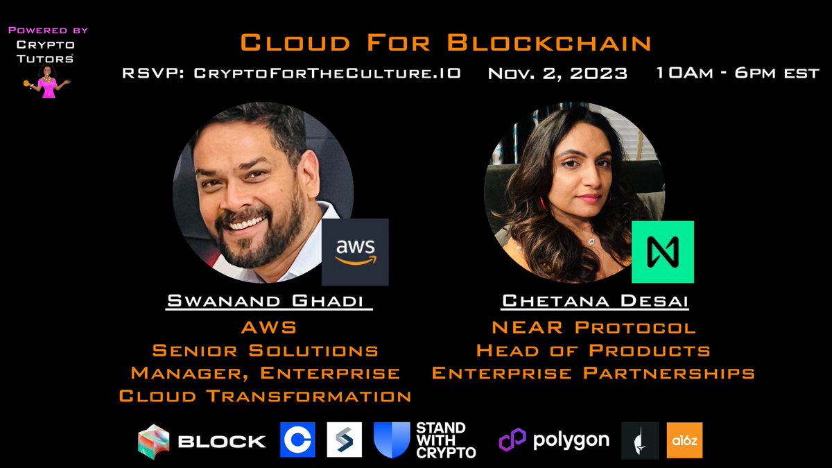 thecryptotutors's tweet image. 🚨New Panel Added🚨
RSVP to learn about Cloud for Blockchain with Swanand Ghadi (@awscloud) &amp;amp; Chetana Desai (@NEARProtocol)☁️⛓️
🗓️ Thursday, Nov 2nd, 10 am- 6 pm EST.
RSVP for Free: cryptofortheculture.io