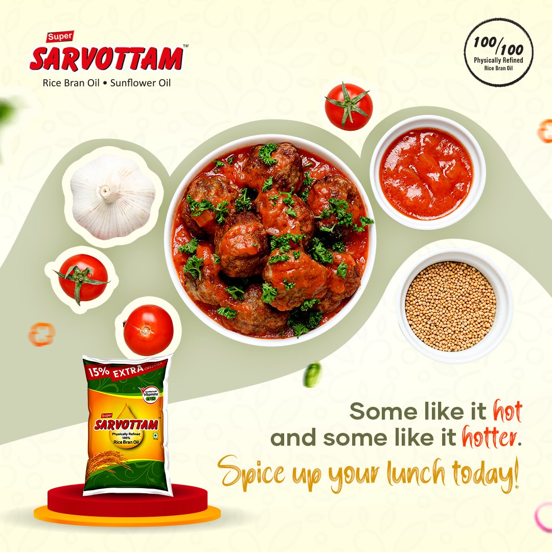 SRicebranoil's tweet photo. Add a fiery twist to your lunch with Sarvottam Oil. 
.
.
.
#spiceupyourlife #healthyeating #SuperSarvottam #GreatNights #HealthierChoice #FoodieCommunity #HealthyCooking #RiceBranOil #GoodnessInEveryDrop #healthycooking #food #foodlove https://t.co/il1hAaExdD