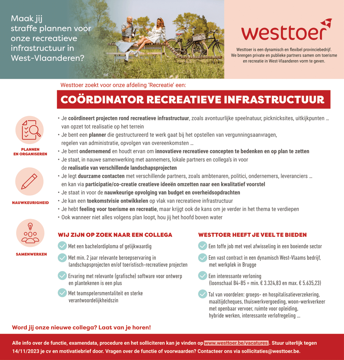 Westtoer's tweet photo. 📣 Meewerken aan planning en organisatie van recreatieve infrastructuur, picknickplaatsen, speelnatuur, uitkijkpunten ... in #Westvlaanderen lijkt je geweldig? Dan word jij misschien wel onze nieuwe collega 👉
#Solliciteren tot 14/11!
https://t.co/i73Mnlp3zU https://t.co/Kh1FVD5kY5
