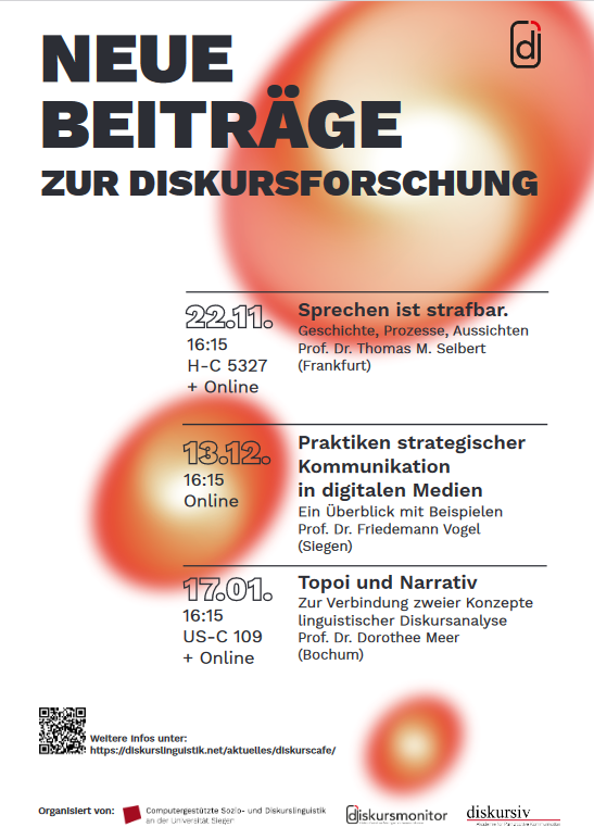 Wir <a href="/CoSoDi_Siegen/">Computergestützte Sozio- und Diskurslinguistik</a> organisieren gemeinsam mit dem <a href="/diskursmonitor/">diskursmonitor</a> und der "Akademie für Partizipative Kommunikation" eine kleine Vortragsreihe mit neuen Beiträgen zur #Diskursforschung.
Interessierte sind herzlich willkommen - sowohl vor Ort als auch online!
