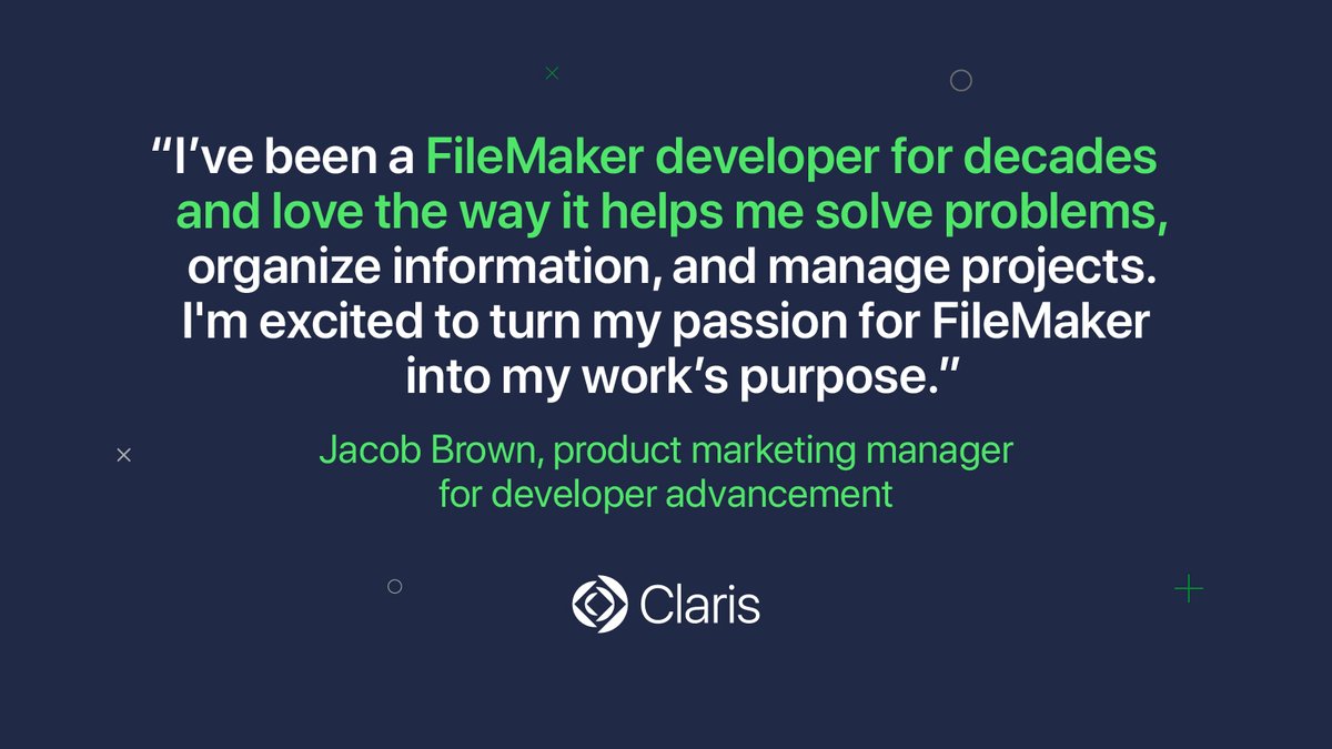 ClarisOfficial's tweet image. Meet Jacob Brown – he’s our new product marketing manager for developer advancement. A long-time Apple employee, Jacob has extensive experience in business strategy, engineering, and product management—and #ClarisFileMaker has been a constant companion along the way. 🙌