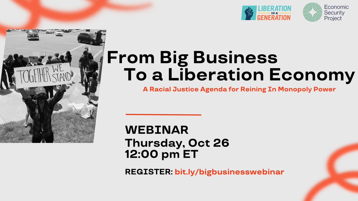 Join us TODAY, Oct 26th at 12:00 pm ET for our 'From Big Business to a Liberation Economy' Webinar. We hope to see you there. If you haven't registered yet, click the link ⬇️⬇️⬇️ policylink.zoom.us/webinar/regist…. .