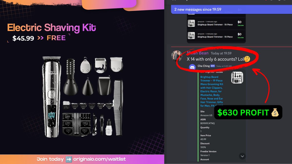 🔥 WE DON'T STOP! 🔥 ✅Electric Shaving Kit ✅RRP: $45.99 ✅Origin Price: FREE One user just secured 14 x of these shavers netting him $630 in PURE PROFIT. 💰 Wanna make this kind of money in a day with ZERO investment cost? JOIN US TODAY ➡️ originaio.com/waitlist