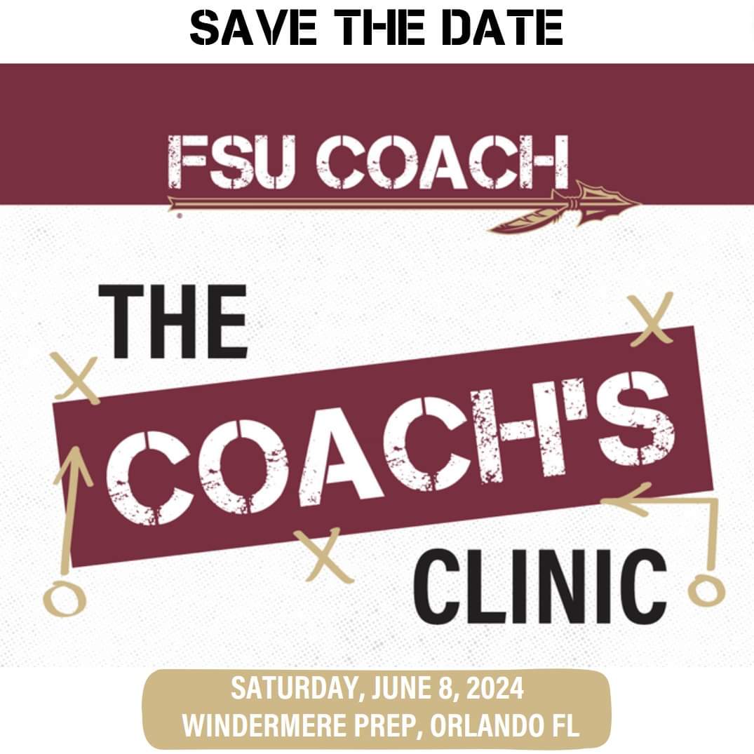 Baghurst's tweet photo. This is going to be epic. We're moving the clinic to Orlando in 2024 and we are planning some breakout sessions also. Get this in your calendar! #FSUCOACH https://t.co/VuByif481w