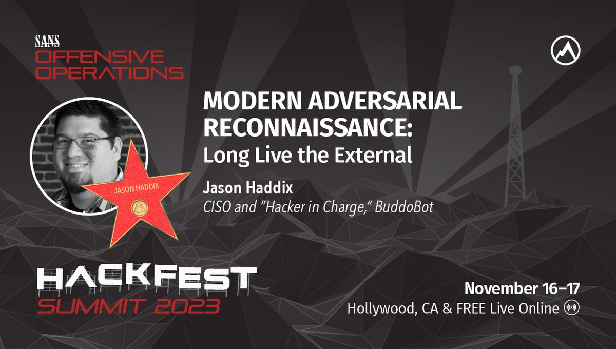 SANSOffensive's tweet image. Join us at #SANSHackFest when @jhaddix will outline tools and techniques for Modern Adversarial Reconnaissance. Jason will cover email acquisition, technology profiling, external attack surface, cloud recon, and more.
Register Here: sans.org/u/1qcN
#PenTest #ExploitDev