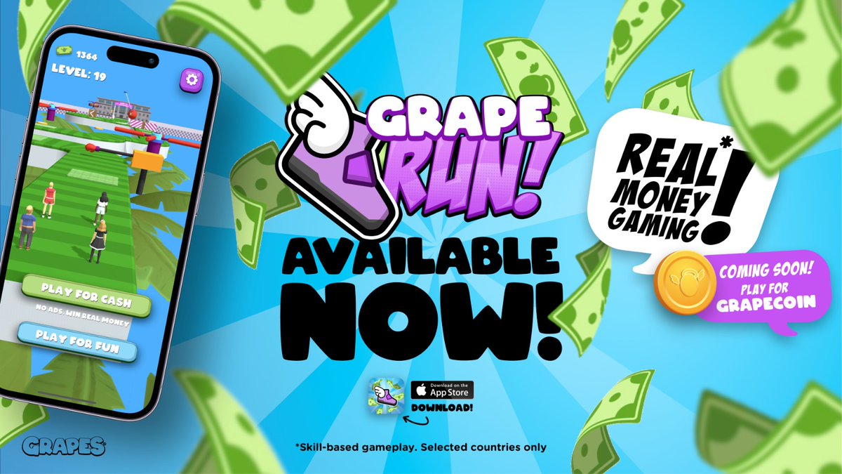 Grape Run is now LIVE! 🏃

Free to play &amp; Skill based cash tournaments 💵

Available now on iOS App Store 🔽