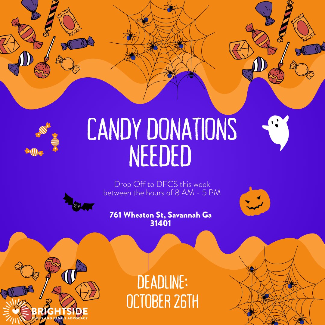 Our little trick-or-treaters need your help! While you're out this week, grab an extra bag of candy to help support our Trunk-or-Treat event! More Candy, More Smiles! #trunkortreat #trickortreat #happyhalloween #candydonations #thebrightside #savannahcasa #changeachildsstory