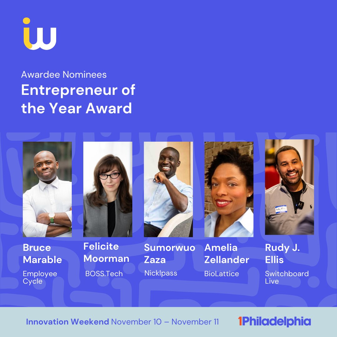 1Philadelphia (@1phltech) on Twitter photo Entrepreneur of the Year Award:
<a href="/BruceMarable/">Bruce Marable</a>, <a href="/EmployeeCycle/">EmployeeCycle</a>
<a href="/FeliciteMoorman/">Felicite Moorman</a>, <a href="/_BOSSTech_/">BOSS.Tech</a>
Sumorwuo Zaza, <a href="/nicklco/">NICKLpass - Get access to news & information</a>
Amelia Zellander, BioLattice
<a href="/rudyjellis/">Rudy J. Ellis</a>, <a href="/switchboardlive/">Switchboard Live</a> Entrepreneur of the Year Award:
<a href="/BruceMarable/">Bruce Marable</a>, <a href="/EmployeeCycle/">EmployeeCycle</a>
<a href="/FeliciteMoorman/">Felicite Moorman</a>, <a href="/_BOSSTech_/">BOSS.Tech</a>
Sumorwuo Zaza, <a href="/nicklco/">NICKLpass - Get access to news & information</a>
Amelia Zellander, BioLattice
<a href="/rudyjellis/">Rudy J. Ellis</a>, <a href="/switchboardlive/">Switchboard Live</a>