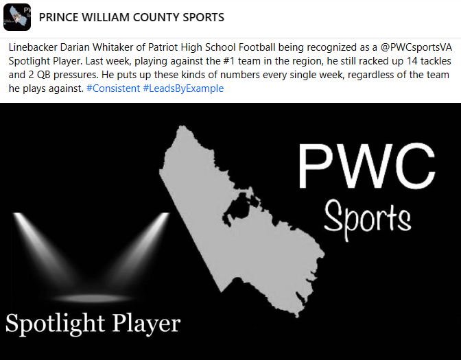 PWCsportsVA's tweet photo. Recognizing @DarianWhit_24 @PatriotHS_FB for being @PWCsportsVA Spotlight Player. He brings it every single week! https://t.co/wQrBQaqhW2