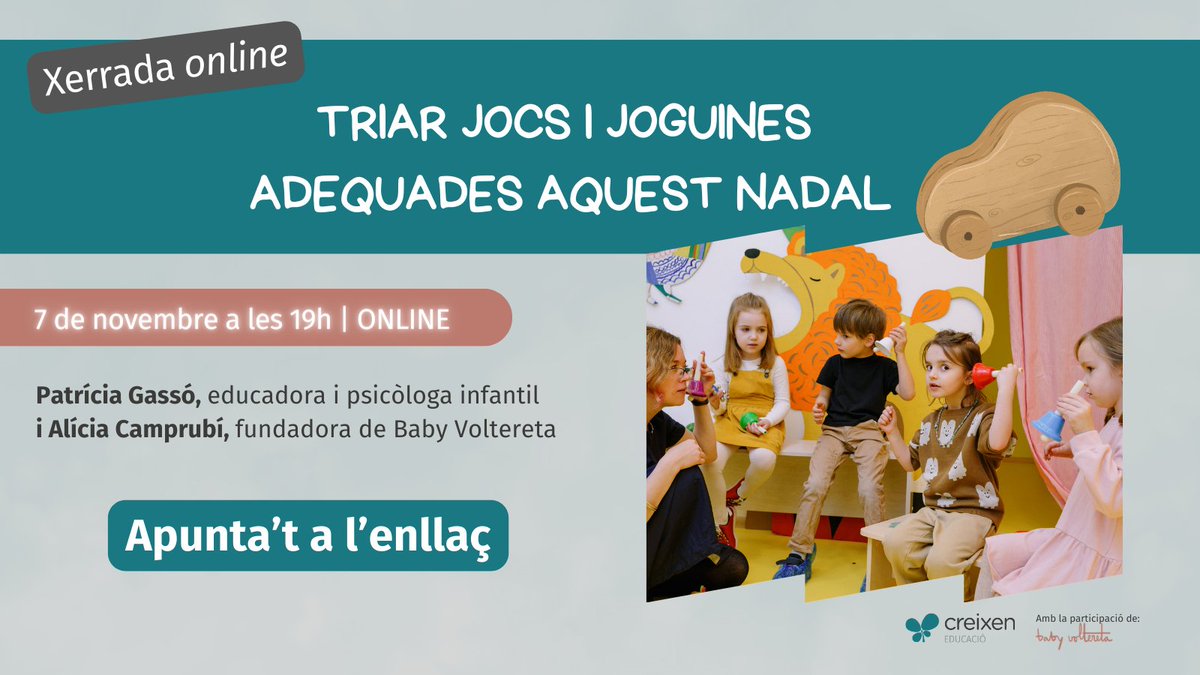 💻 Xerrada online

🧮 Triar joguines i propostes de joc adequades a l'etapa infantil

🗣️ Patrícia Gassó i Alícia Camprubí de @babyvoltereta

🗓️ 7 de novembre a les 19h

Apunteu-vos 👇🏼
bit.ly/xerradaCreixen

Us esperem! 
#Creixeninfància #Criança #EscolaCoop #EscolesCreixen