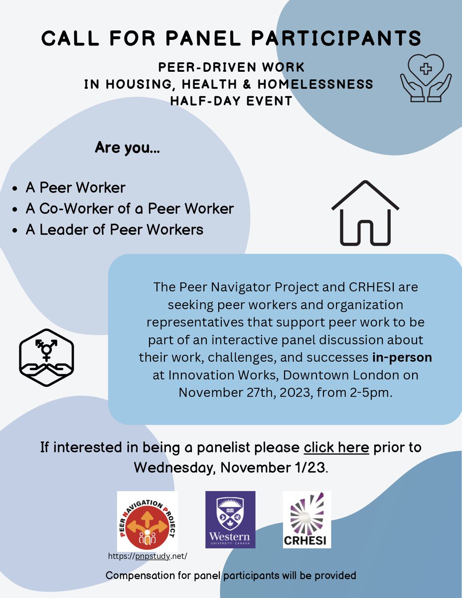 📣 CALL FOR PANEL PARTICIPANTS 🎙️ Are you involved in #PeerWork in London-Middlesex? Join us @westernuFHS @PillarNN @AbeOudshoorn @CityofLdnOnt #LdnOnt #healthequity #homelessness docs.google.com/forms/d/e/1FAI…