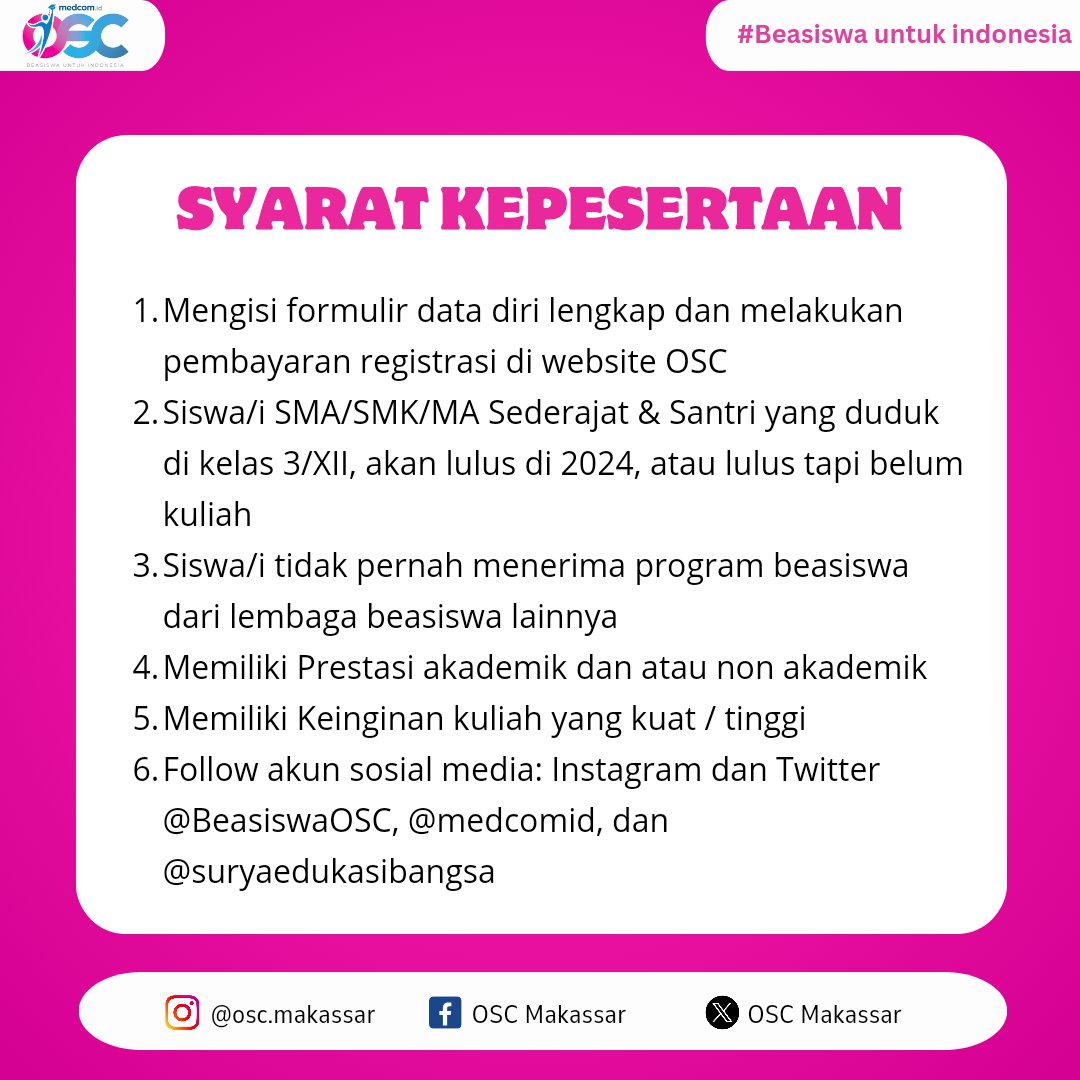 OSCMakassar's tweet photo. 6 HARI LAGI?😱

#SobatOSC, jangan lupa untuk daftarkan diri kamu di https://t.co/HJARTgQ0pI untuk mdndapatkan kesempatan berkuliah dengan beasiswa sampai lulus dari 21 kampus ternama di Indonesia. 

#oscmedcom23 #oscmedcomid #oscmedcom #infobeasiswa #beasiswakuliah #infokuliah https://t.co/7kVHzceL4q