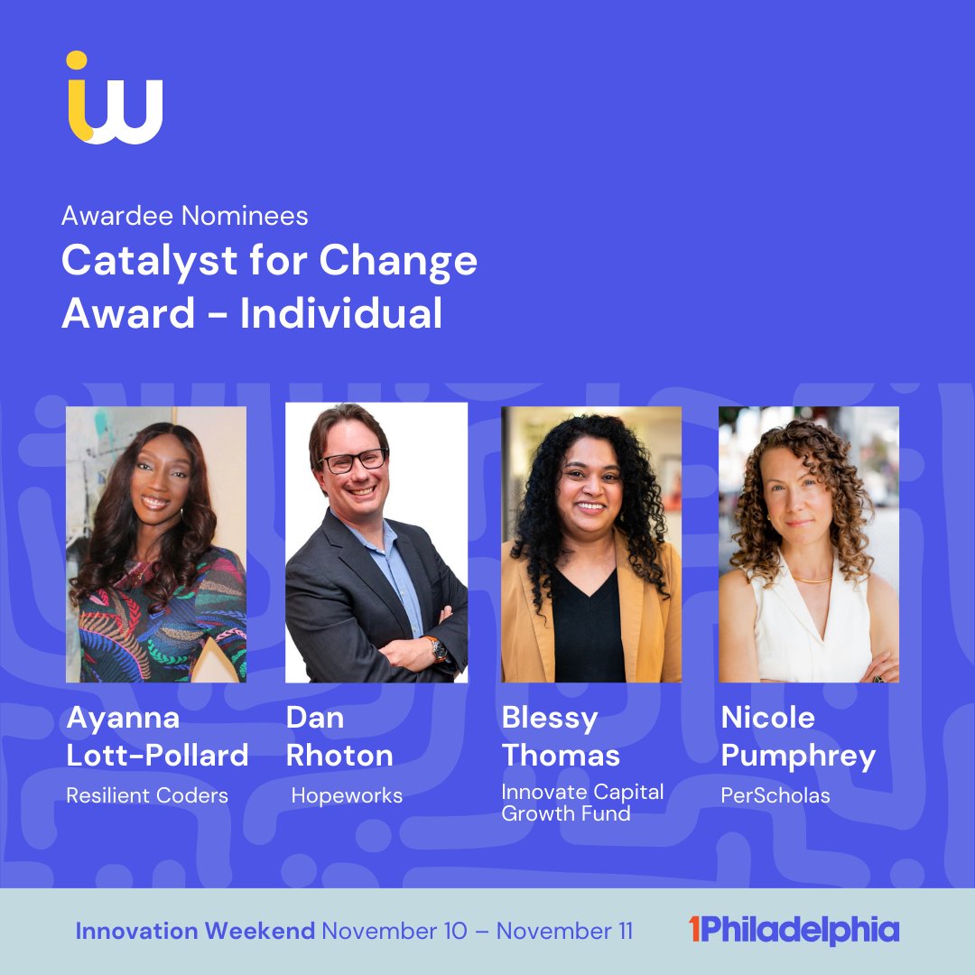 1phltech's tweet photo. Catalyst for Change Award:
Ayanna Lott-Pollard, @resilientcoders
@DanRhoton, @hopeworkscamden
Blessy Thomas, Innovate Capital Growth Fund
Nicole Pumphrey, @PerScholas https://t.co/NCGqGxFvAd