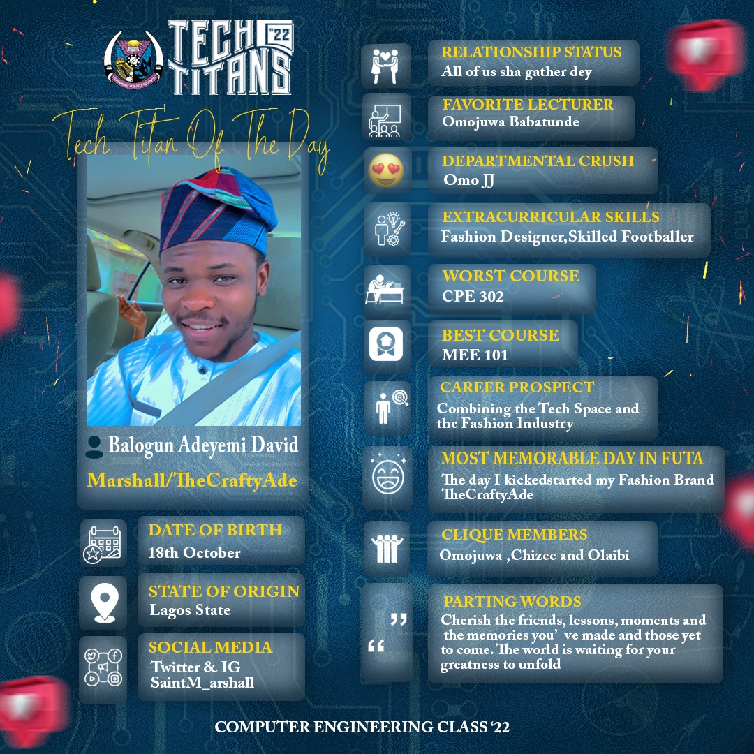 Adefolakemmie's tweet photo. FUTA Computer Engineering class'22
The Tech Titans🔥🔥💯
Unveiling the faces of the Tech Titans one by oneeee🥰.
Let's gooooo😌
#TheTechTitans https://t.co/uHuKeBDFTw