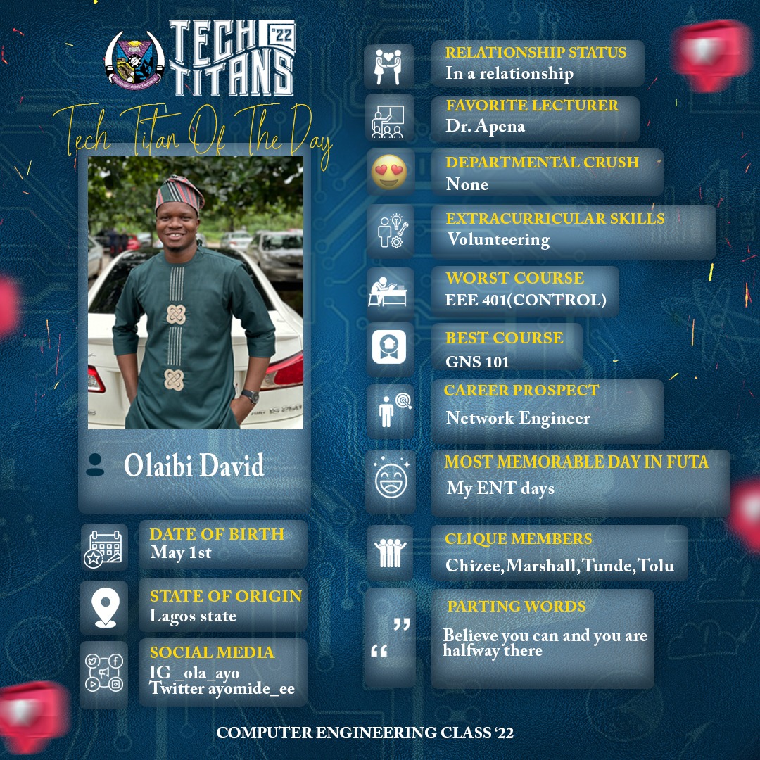 Adefolakemmie's tweet photo. FUTA Computer Engineering class'22
The Tech Titans🔥🔥💯
Unveiling the faces of the Tech Titans one by oneeee🥰.
Let's gooooo😌
#TheTechTitans https://t.co/uHuKeBDFTw