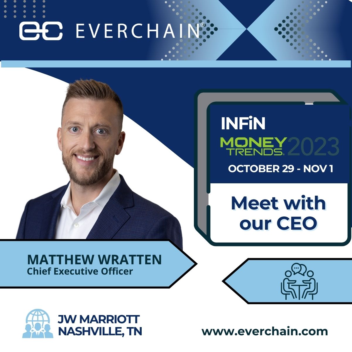 EverChain's tweet image. EverChain’s CEO, Matthew Wratten is attending INFiN’s MoneyTrends2023 in Nashville, Oct 29 - Nov 1. hubs.la/Q02619_D0 

Schedule your appointment with Matthew by contacting us at sales@everchain.com

#ReceivablesManagement #FinancialServices #DebtSales #DebtBuyers