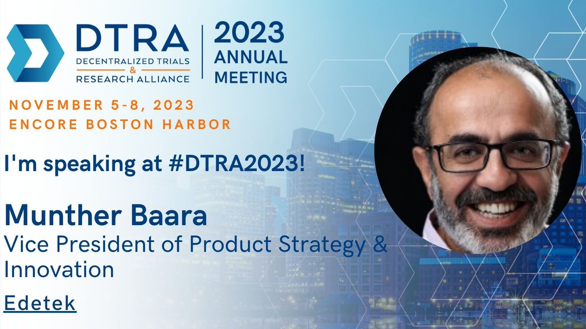 EDETEK_INC's tweet photo. Catch @muntherbaara at @DTRAorg discussing DCT experiences in "Initiative Team Deliverables - Trial Setup and Conduct," w/ Data Interoperability &amp; Connectivity Demo, Tues. 11/7, 1:44 PM - 2:04 PM, Main Stage, Picasso 1-6. https://t.co/svk5hJBizG
#DTRA2023 #clnicaltrials #data https://t.co/GskslZmabE