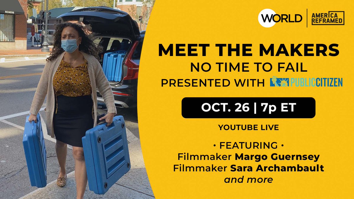 worldchannel's tweet photo. TONIGHT 7p ET: The filmmakers of @NoTimeToFailDoc join us for a live Q&amp;A! The film debuts at 8/7c on @americareframed – RSVP now and get the scoop before the premiere.

@voteearlyday @public_citizen #NoTimeToFailDoc #VoteEarlyDay #YourVote #Democracy https://t.co/enNMZFnAC3 https://t.co/wOVN2qlbmc