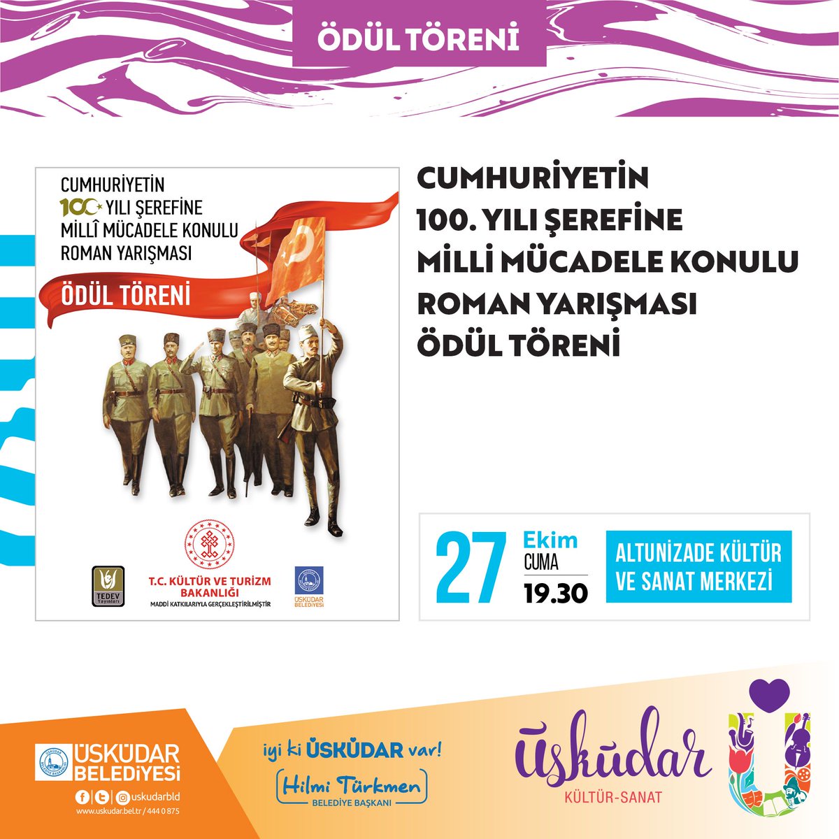 Edebiyat ve sanat yoluyla milli mücadele destanını gelecek nesillere ulaştırmak adına Türk Edebiyatı Vakfı işbirliğinde, Cumhuriyetin 100. yılı şerefine düzenlediğimiz "Milli Mücadele" temalı roman yarışması ödül töreni; Serhat Kabaklı ve Prof. Dr. İskender Pala'nın konuşmaları