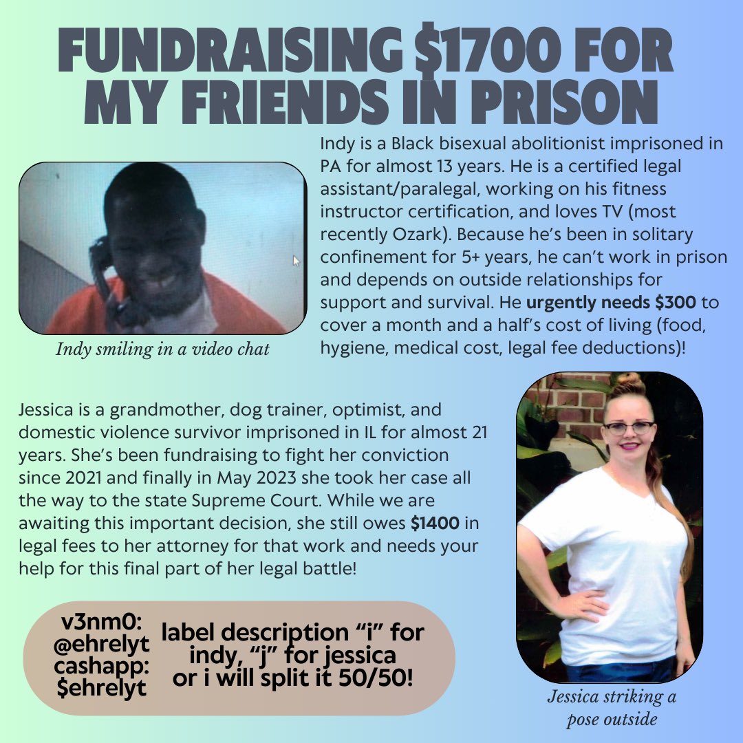 AntoineIndy's tweet photo. FUNDRAISING $1700 FOR MY FRIENDS IN PRISON. Indy is a Black bisexual abolitionist imprisoned in PA for almost 13 years. He is a certified legal assistant/paralegal, working on his fitness instructor certification, and loves TV (most recently Ozark). https://t.co/is6CyajvCX