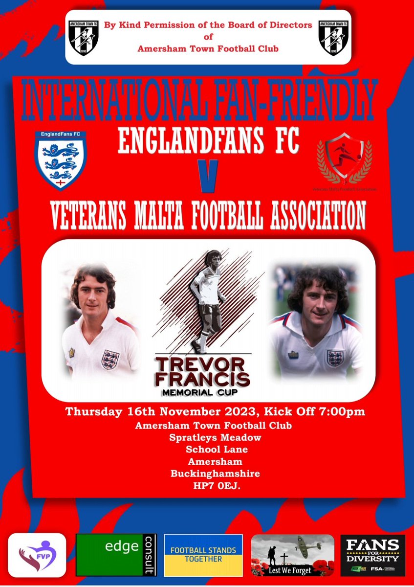 englandfansfc1's tweet photo. Mens | 

We are delighted to announce that we will be returning to Spratleys Meadow, home of @AmershamTownFC, 3 weeks today on Thursday 16th November, to take on Malta Veterans, Kick off 7pm.

Free Admission, Clubhouse Open, Programmes will be on sale.

Please RT

⚽️🏴󠁧󠁢󠁥󠁮󠁧󠁿🦁 https://t.co/AHF1es4qfs