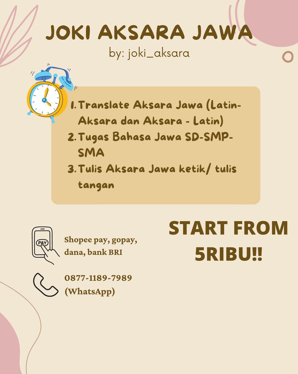 joki_aksara's tweet photo. haloo gais!
lama gak share/post tweet
minSara open joki tugas bahasa jawa/aksara jawa sd-sma 😆✨🍃
harga terjangkau loh hihi
langsung whatsapp ke nomor 087711897989
dijamin trusted dan amanah ya
#jokibahasajawa #jokiaksarajawa #jokitugasbahasajawa #jokitugassekolah #jokimurah https://t.co/I7EV2cdDXq