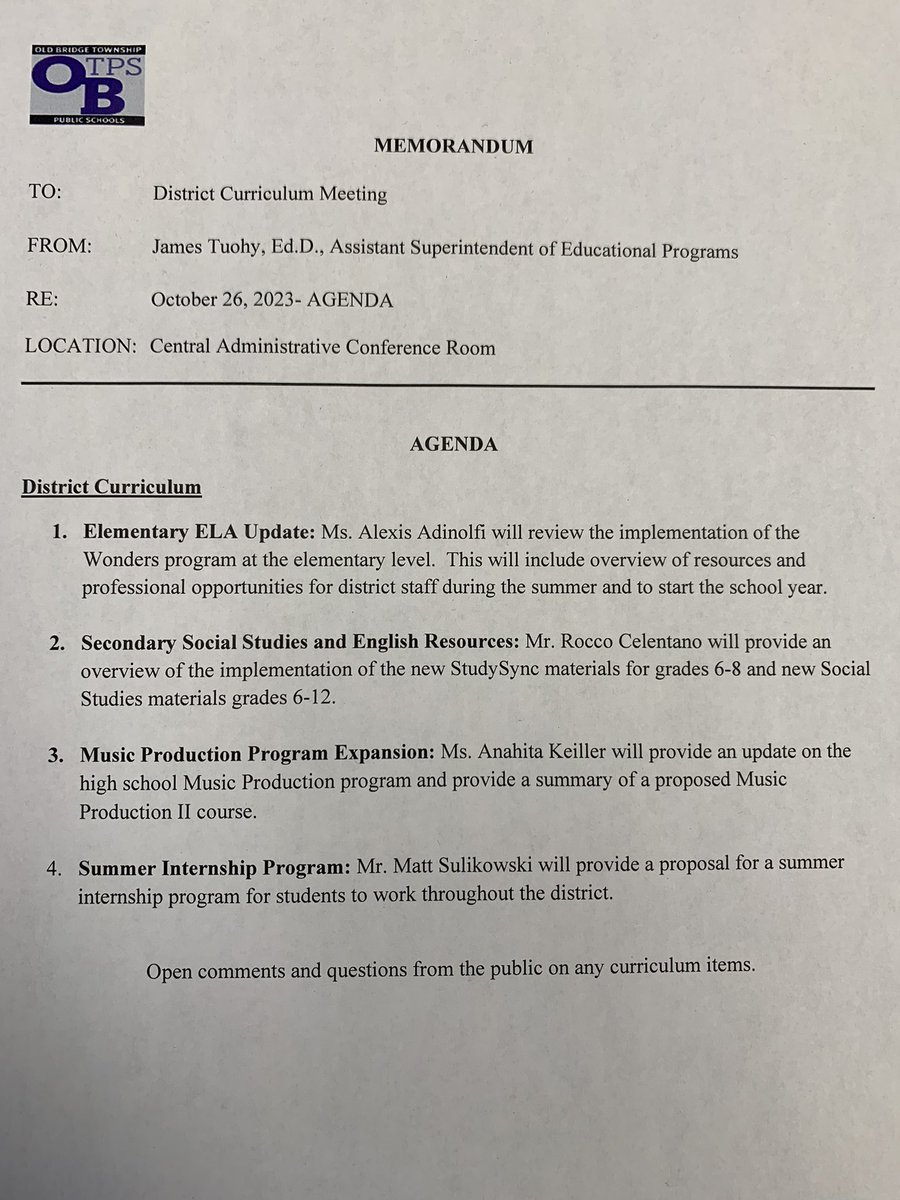 OB Curriculum Meeting this evening at 7:00 pm at Central Administration Conference Room. Agenda below. @OB_Adinolfi @OBSupCittadino @OBassistantsup @celentano_rocco