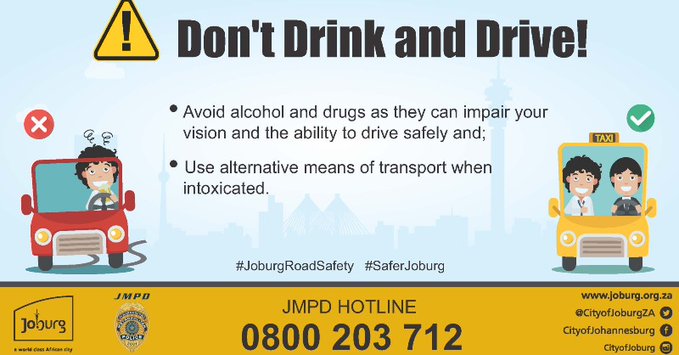 CityofJoburgZA's tweet photo. With all the #RWCFinal festivities happening, please make sure to enjoy them fully and SAFELY. Plan ahead and don't drive under the influence #DontDrinkAndDrive #SafeJoburg #JoburgCares #JHBTraffic #GoBokke ^NJ https://t.co/9rIEA9RbQ4