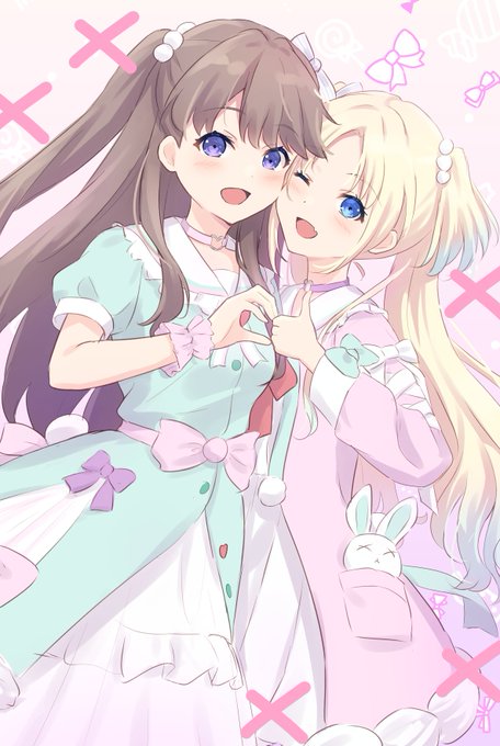 「heart hands duo purple eyes」 illustration images(Latest)